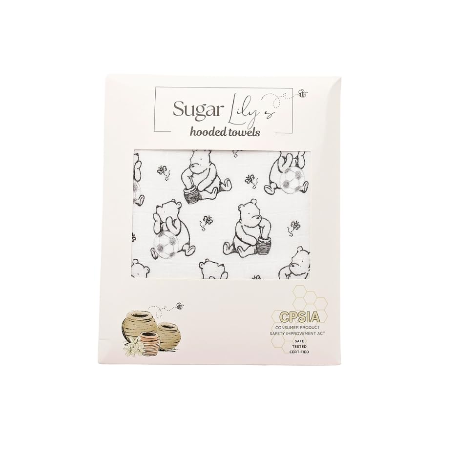 Sugar Lily's-Classic Pooh Hooded Towel and Washcloth Set, Black and White Classic Pooh +Soccer Ball Design, Cotton Terry Lined, Printed Muslin Cotton