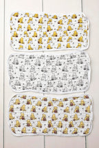 Sugar Lily's-Classic Pooh Muslin Cotton Burp Cloth Set. 1 of Each- Full Color,Design, Full Color w/Soccer Ball Motifs, Black & White Design w/Soccer Ball Motif.
