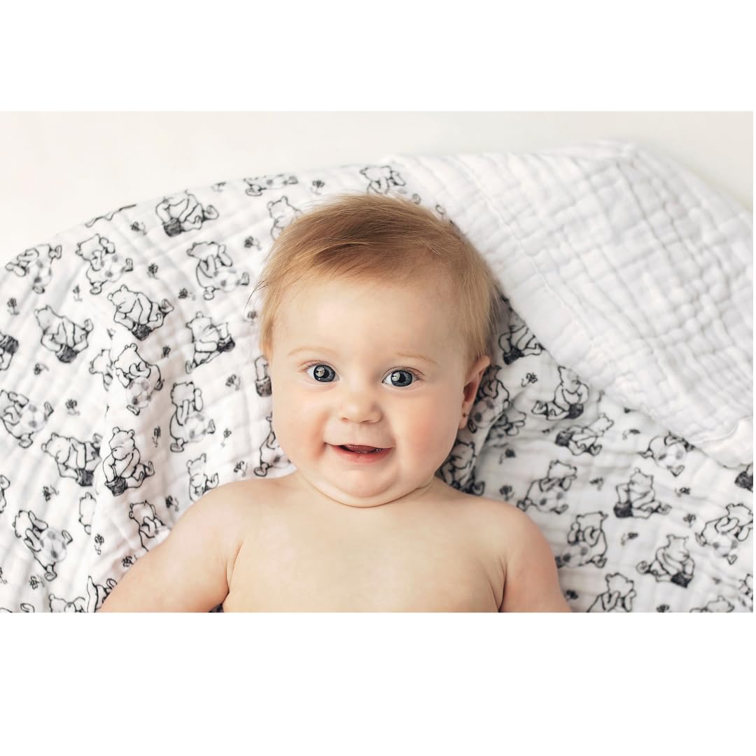 Sugar Lily's- Classic Pooh Black and White with Soccer Ball Motifs,6-Layer Muslin Cotton Blanket, Soft