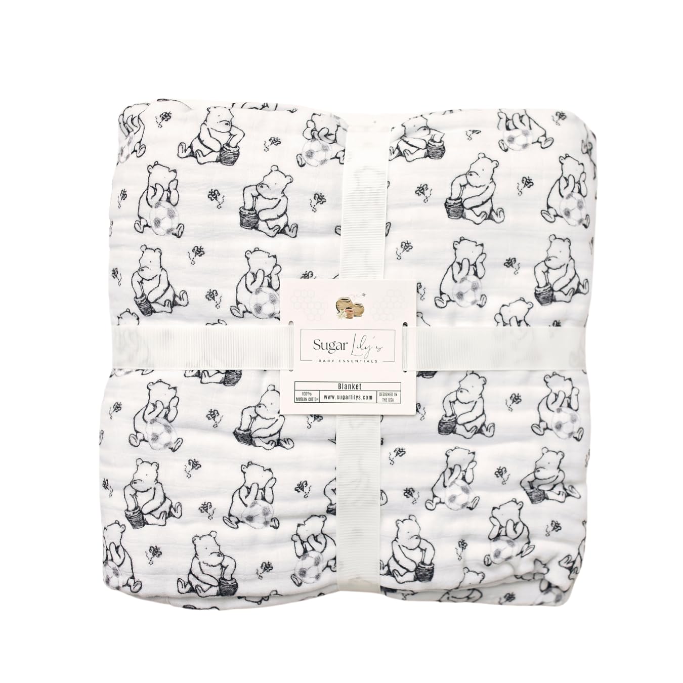 Sugar Lily's- Classic Pooh Black and White with Soccer Ball Motifs,6-Layer Muslin Cotton Blanket, Soft