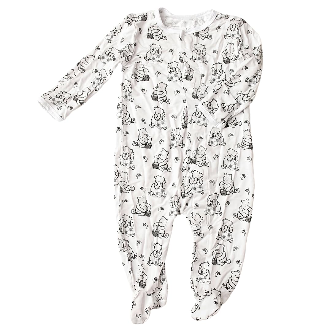 Sugar Lily's - 9-12 Months, Black & White Classic Pooh+ Soccer ball motifs, Baby Footed Romper, Soft Bamboo Viscose, Magnetic Closures