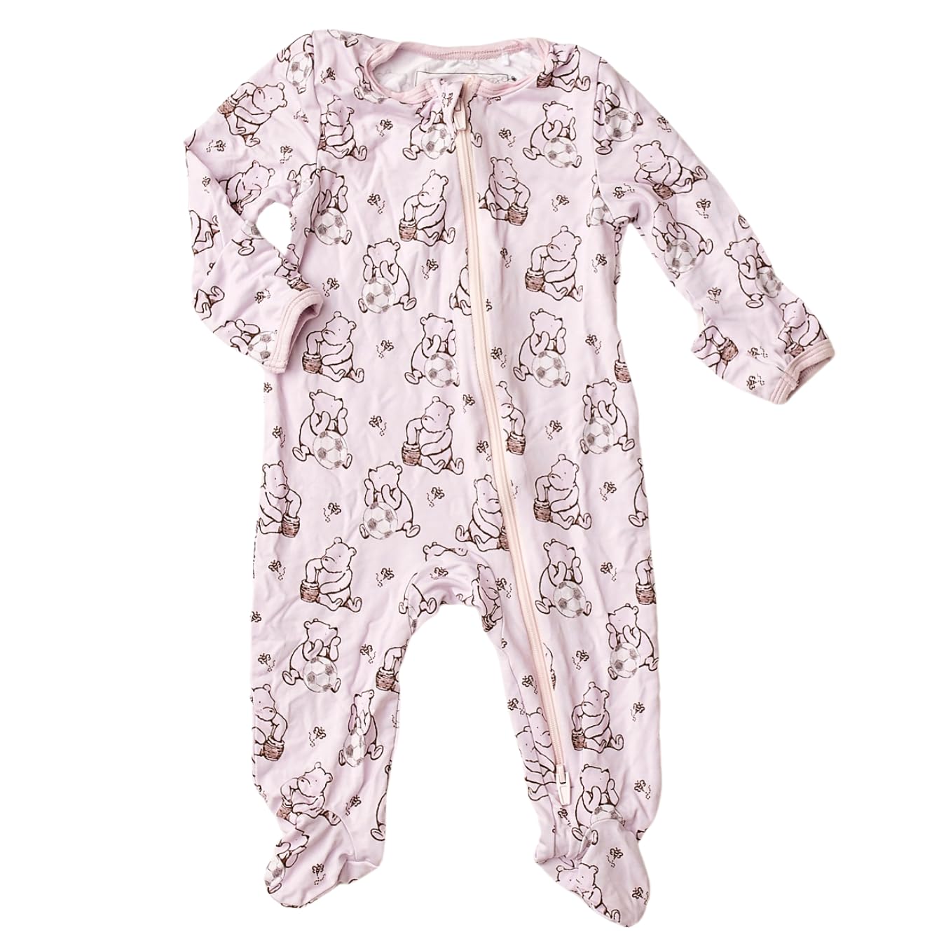 Sugar Lily's Double zipper with Classic Pooh, Footed Romper, Bamboo Viscose, Soccer Ball Print