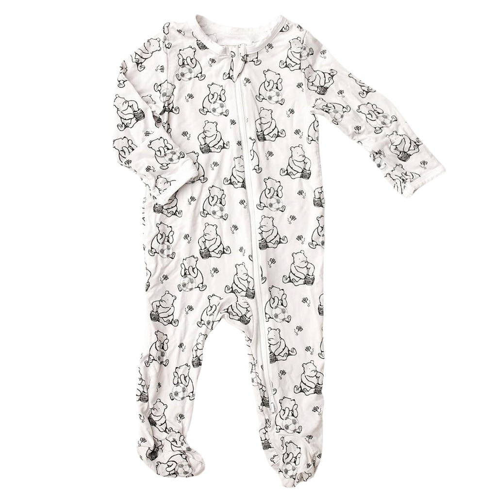 Sugar Lily's Double zipper with Classic Pooh, Footed Romper, Bamboo Viscose, Soccer Ball Print