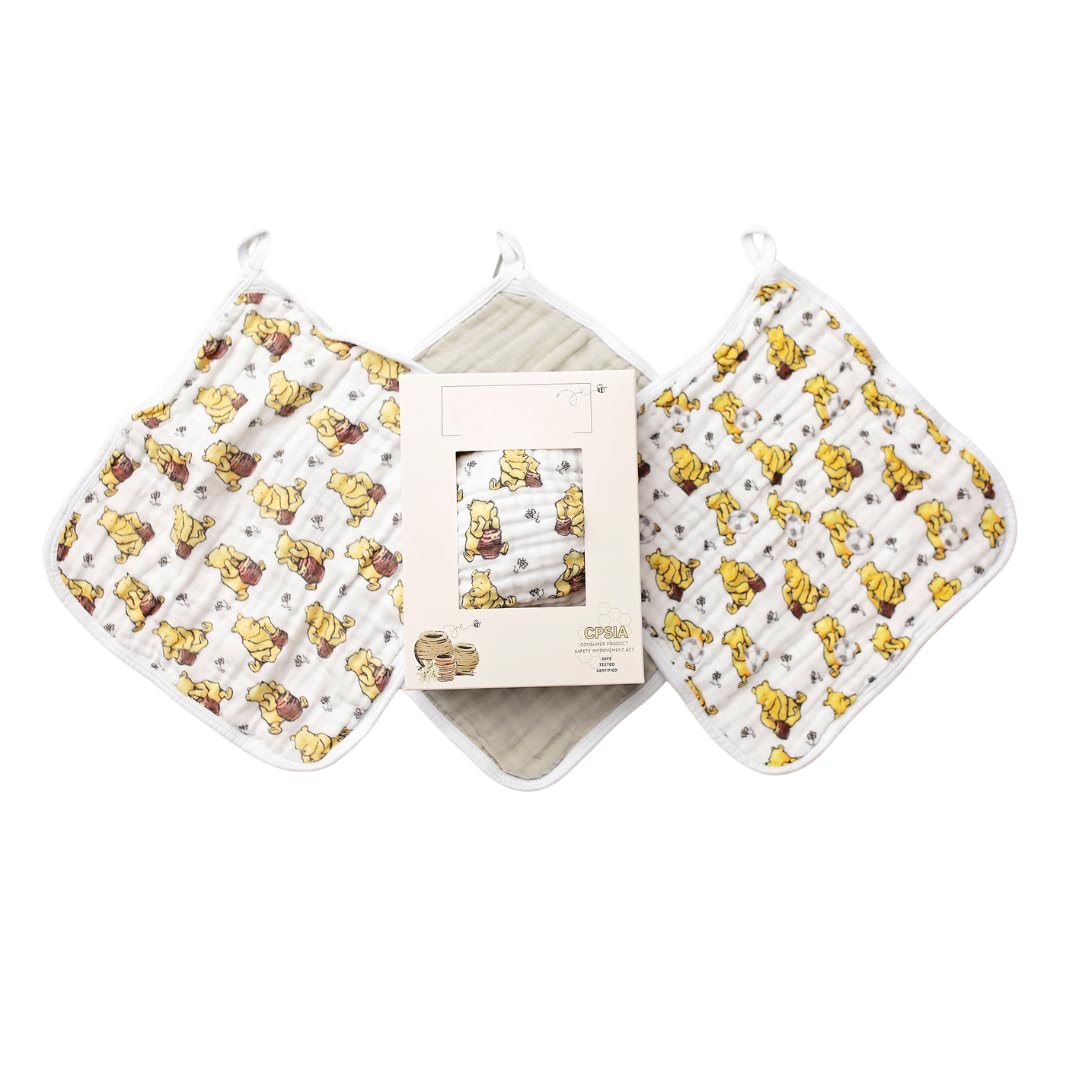 Sugar Lily's Classic Pooh Muslin Cotton Washcloth Set, Soft, Durable, Classic Pooh + Soccer Ball Design, Grey with White Trim, 3pc