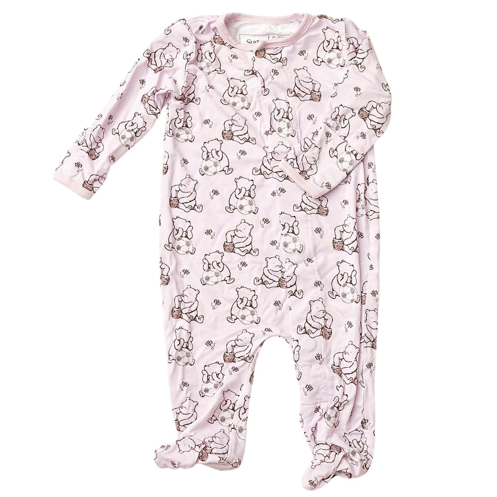Sugar Lily's Classic Pooh Baby Footed Romper, Bamboo Viscose, Soccer Ball Motifs, Magnetic Closures,