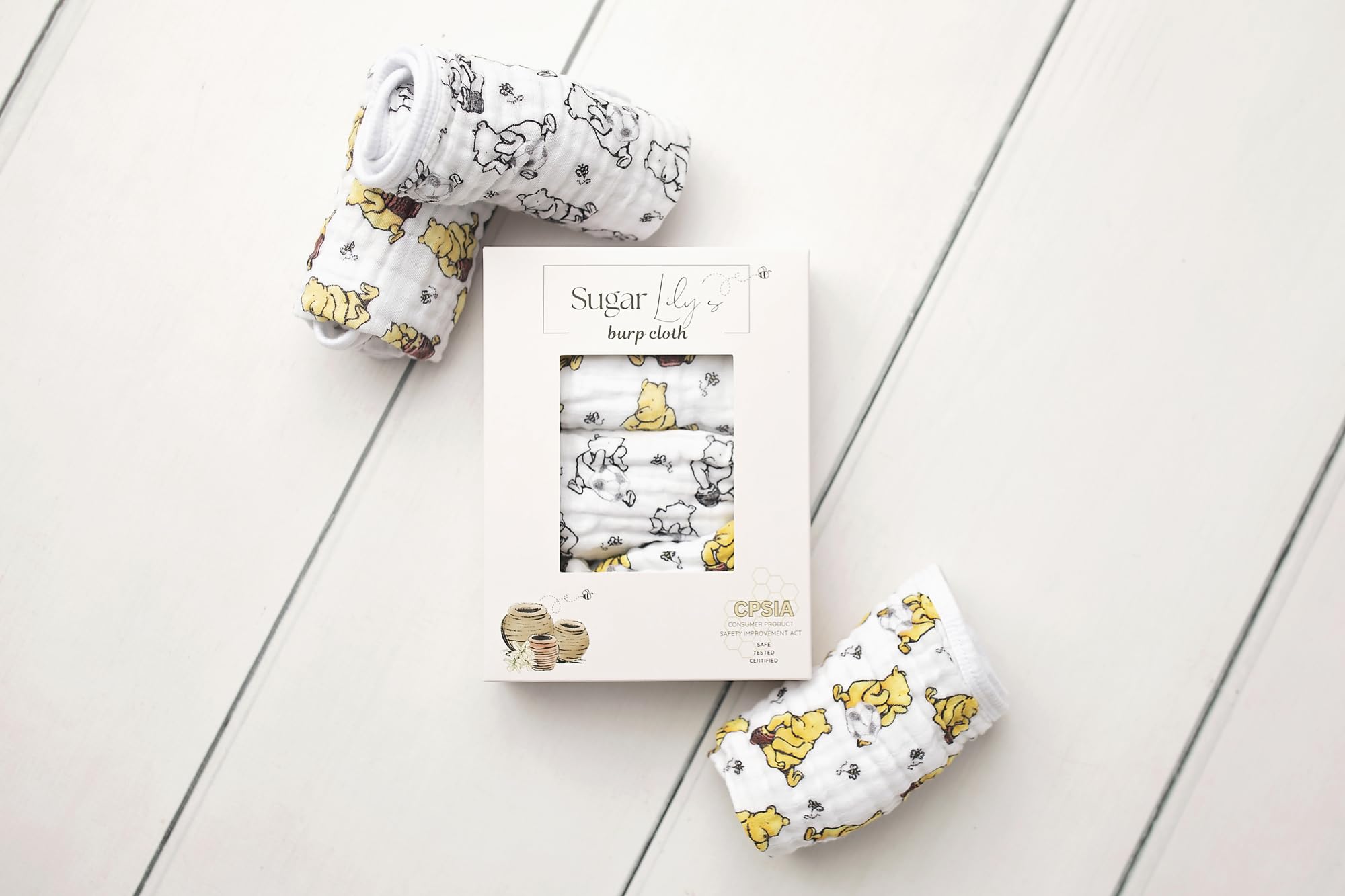 Sugar Lily's-Classic Pooh Muslin Cotton Burp Cloth Set. 1 of Each- Full Color,Design, Full Color w/Soccer Ball Motifs, Black & White Design w/Soccer Ball Motif.