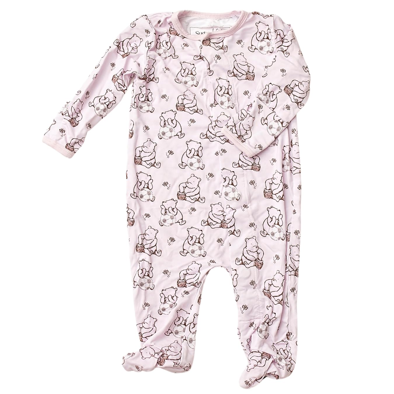 Sugar Lily's Classic Pooh Baby Footed Romper, Bamboo Viscose, Soccer Ball Motifs, Magnetic Closures,